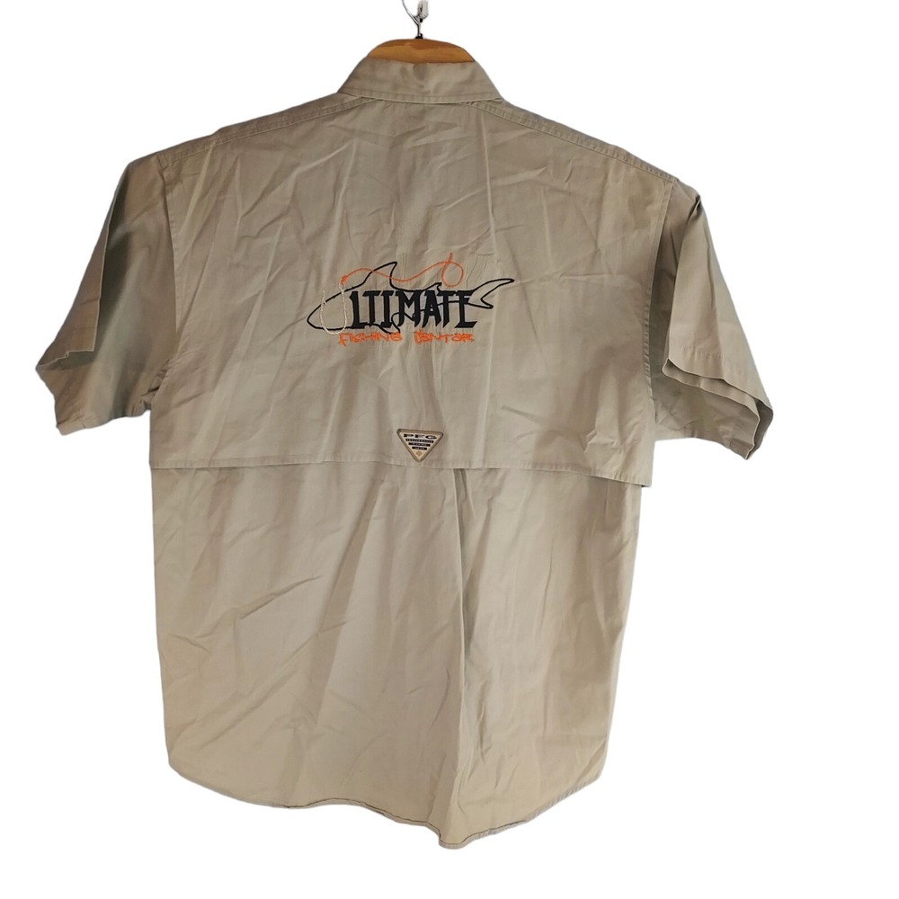 Columbia Mens Medium Tan PFG Ultimate Fishing Center Short‎ Sleeve Button Shirt - Picture 3 of 6